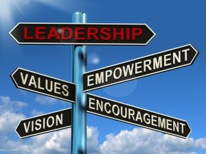 Leadership Signpost Showing Vision Values Empowerment and Encouragement